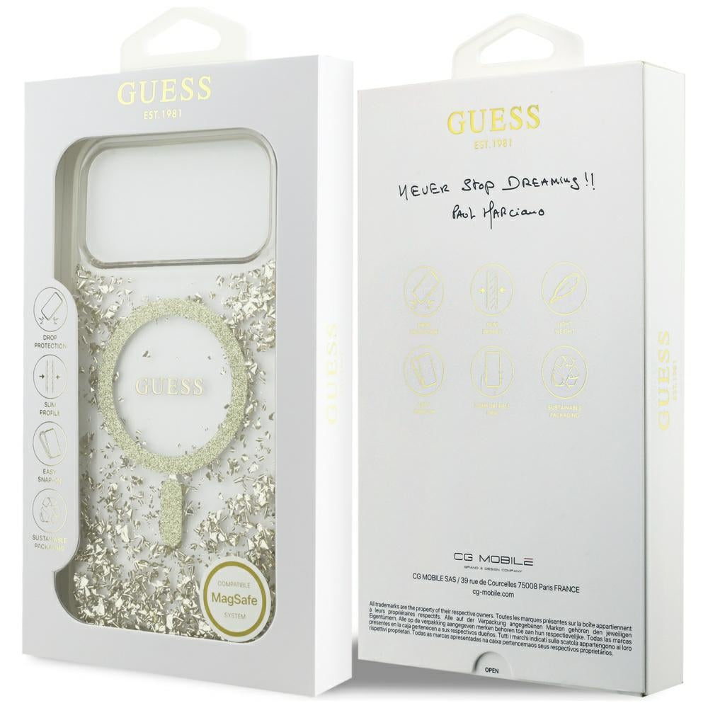 Husa MagSafe pentru Apple iPhone 17 Pro Max, Guess, Resin Bottom Glitter, Aurie