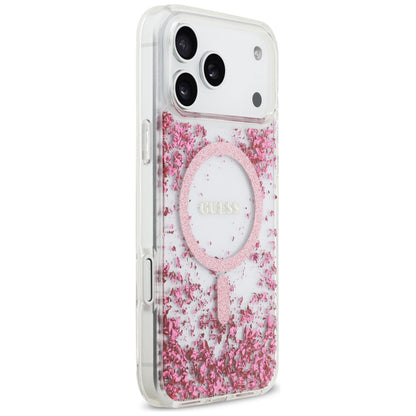 Husa MagSafe pentru Apple iPhone 17 Pro Max, Guess, Resin Bottom Glitter , Roz