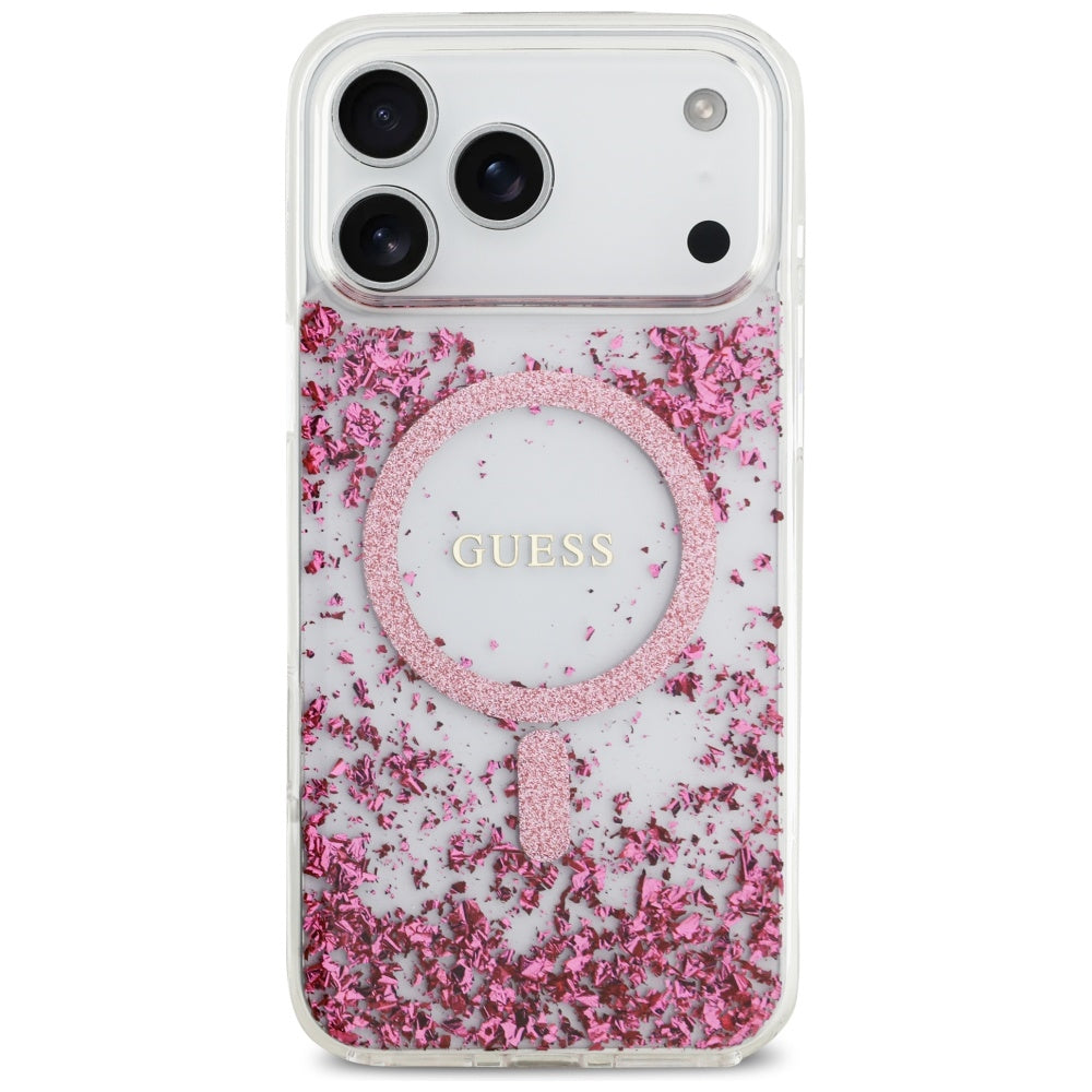 Husa MagSafe pentru Apple iPhone 17 Pro Max, Guess, Resin Bottom Glitter , Roz