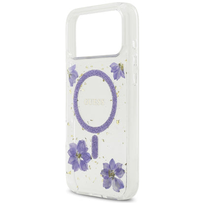 Husa MagSafe pentru Apple iPhone 17 Pro Max, Guess, Resin Flowers and Glitter, Mov