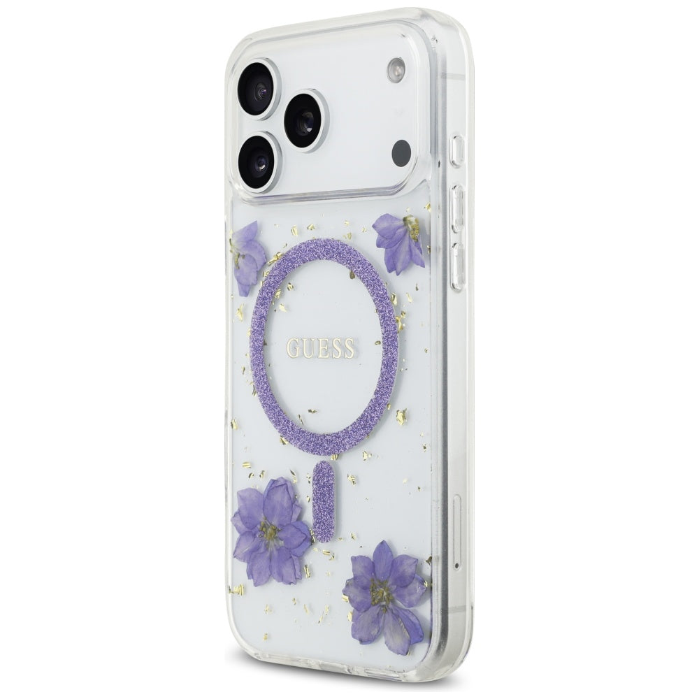 Husa MagSafe pentru Apple iPhone 17 Pro Max, Guess, Resin Flowers and Glitter, Mov