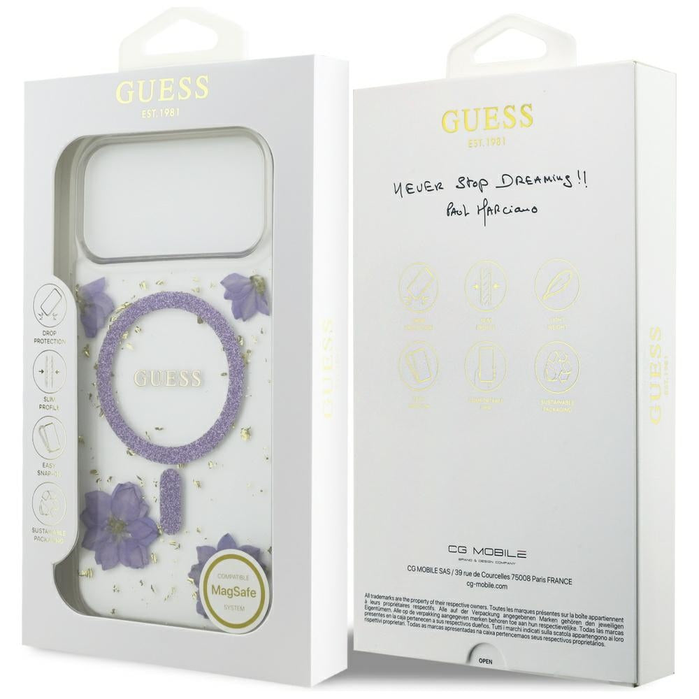 Husa MagSafe pentru Apple iPhone 17 Pro Max, Guess, Resin Flowers and Glitter, Mov