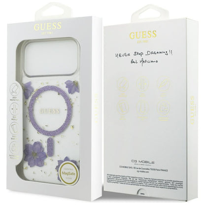 Husa MagSafe pentru Apple iPhone 17 Pro Max, Guess, Resin Flowers and Glitter, Mov