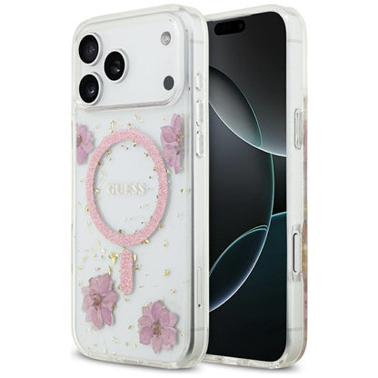 Husa MagSafe pentru Apple iPhone 17 Pro Max, Guess, Resin Flowers and Glitter, Roz