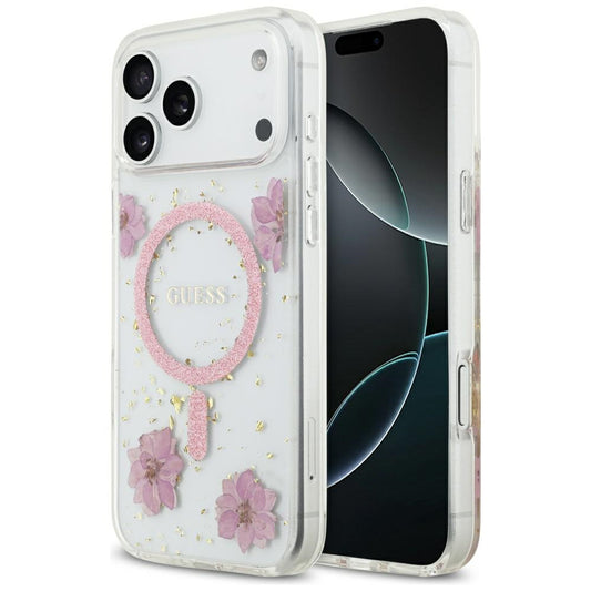 Husa MagSafe pentru Apple iPhone 17 Pro Max, Guess, Resin Flowers and Glitter, Roz