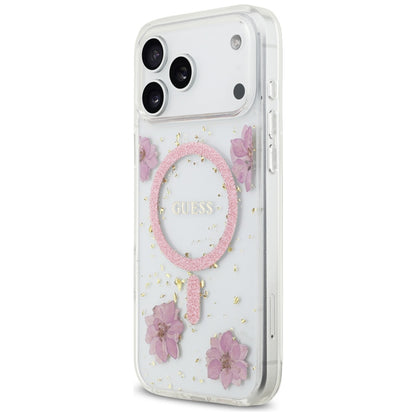 Husa MagSafe pentru Apple iPhone 17 Pro Max, Guess, Resin Flowers and Glitter, Roz