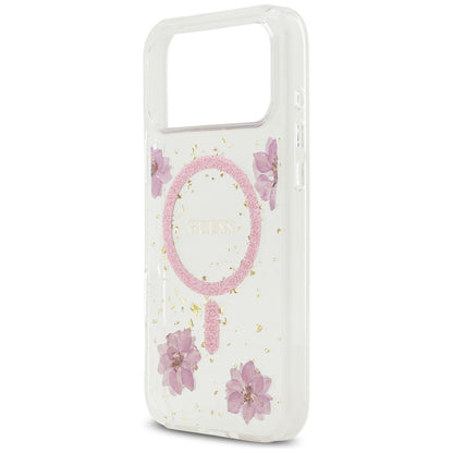Husa MagSafe pentru Apple iPhone 17 Pro Max, Guess, Resin Flowers and Glitter, Roz