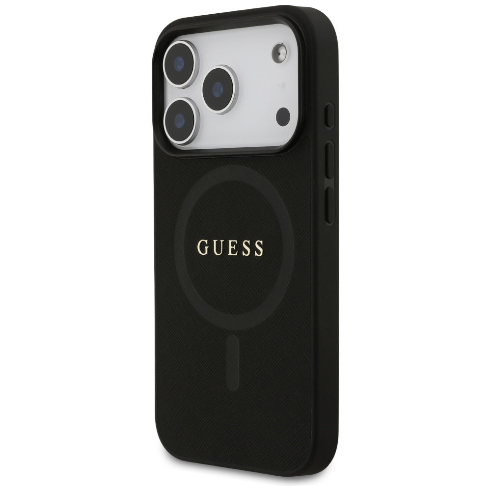 Husa MagSafe pentru Apple iPhone 17 Pro Max, Guess, Saffiano Classic Logo, Neagra