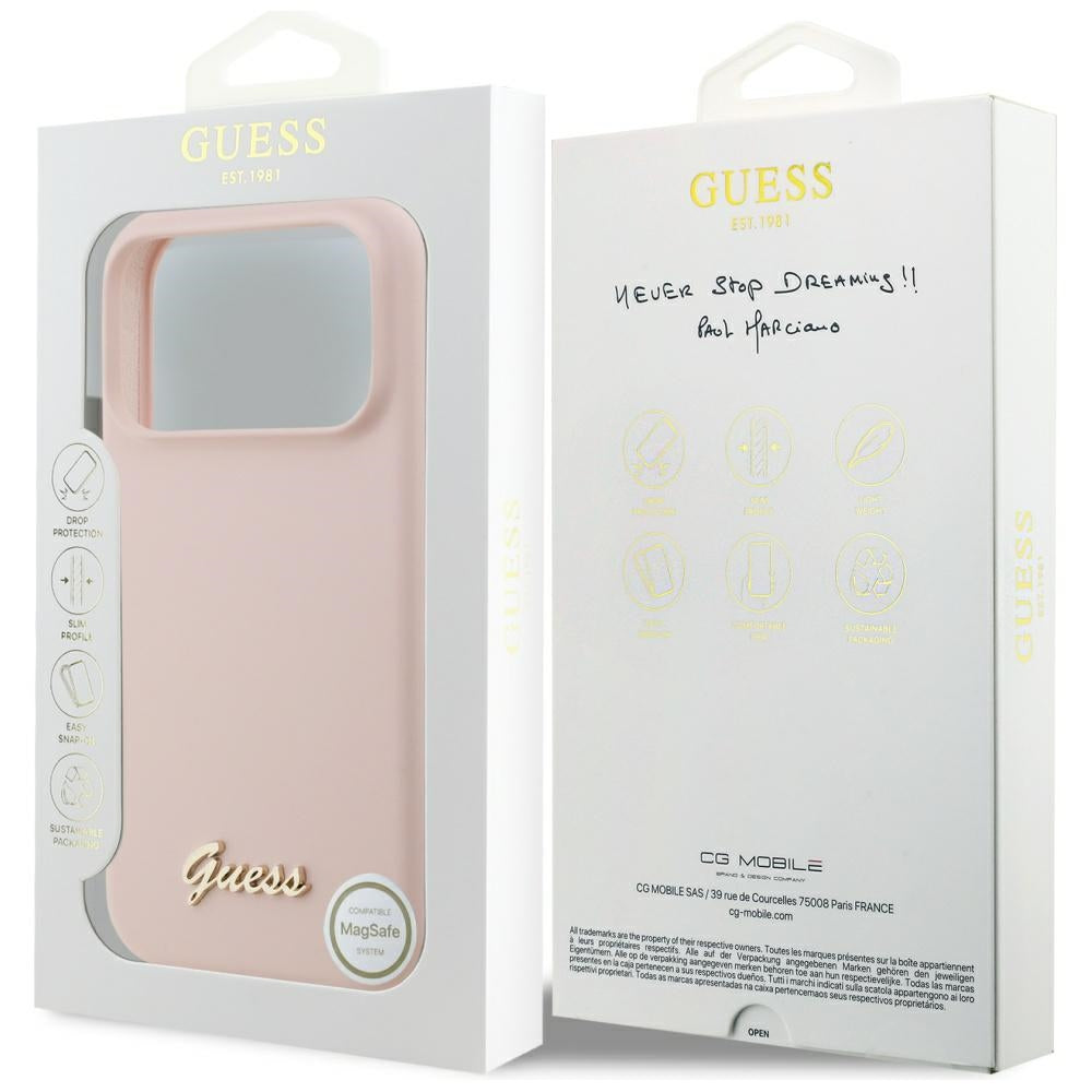Husa MagSafe pentru Apple iPhone 17 Pro Max, Guess, Script Metal Logo, Roz Deschis