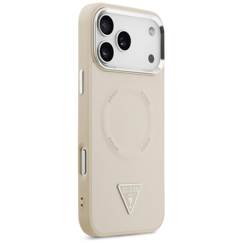 Husa MagSafe pentru Apple iPhone 17 Pro Max, Guess, Triangle Logo, Bej Argintie