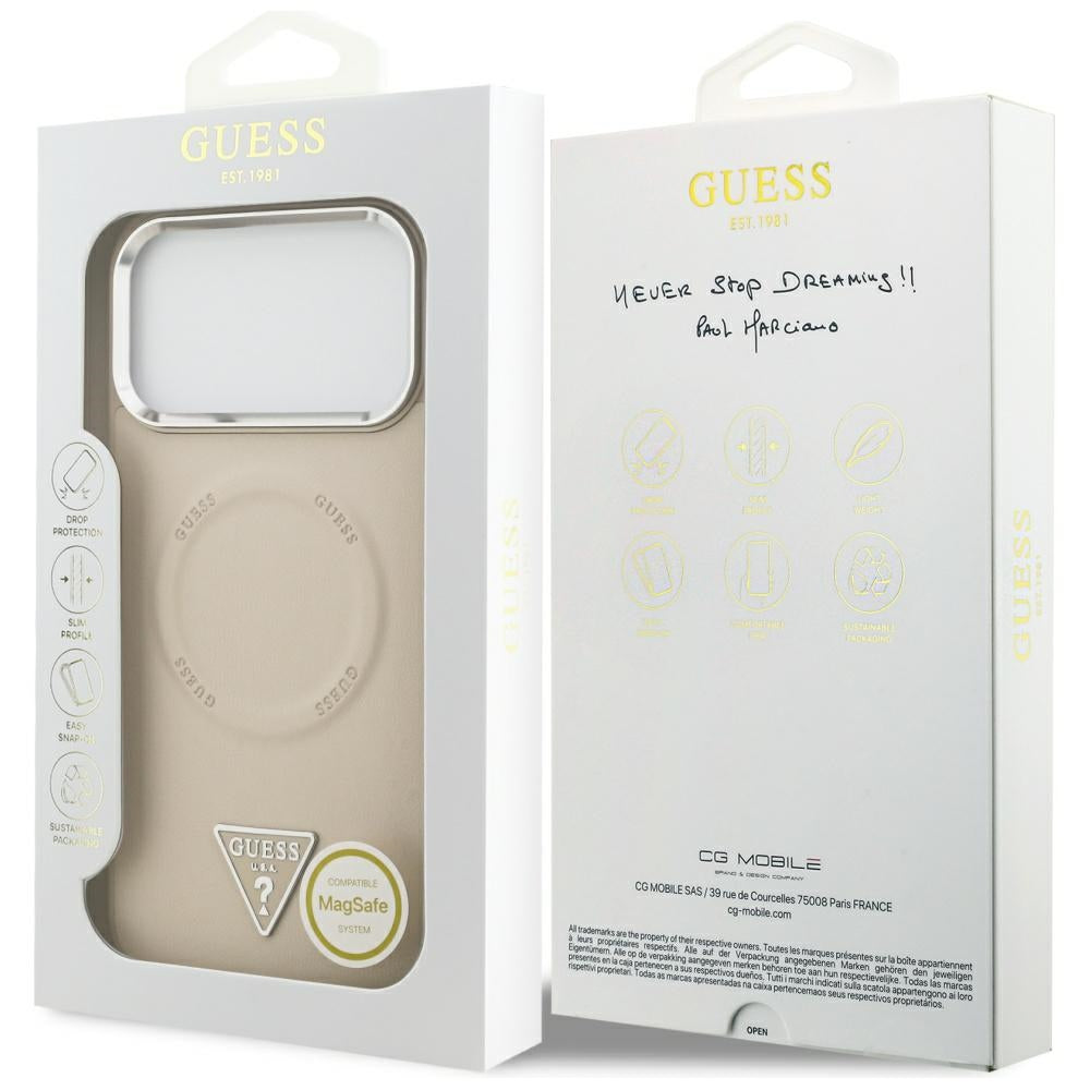 Husa MagSafe pentru Apple iPhone 17 Pro Max, Guess, Triangle Logo, Bej Argintie