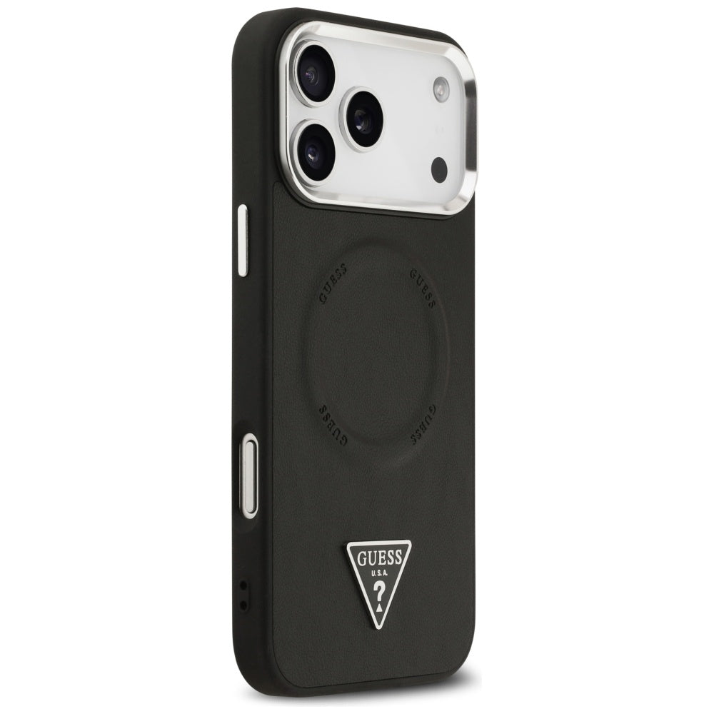 Husa MagSafe pentru Apple iPhone 17 Pro Max, Guess, Triangle Logo, Neagra Argintie