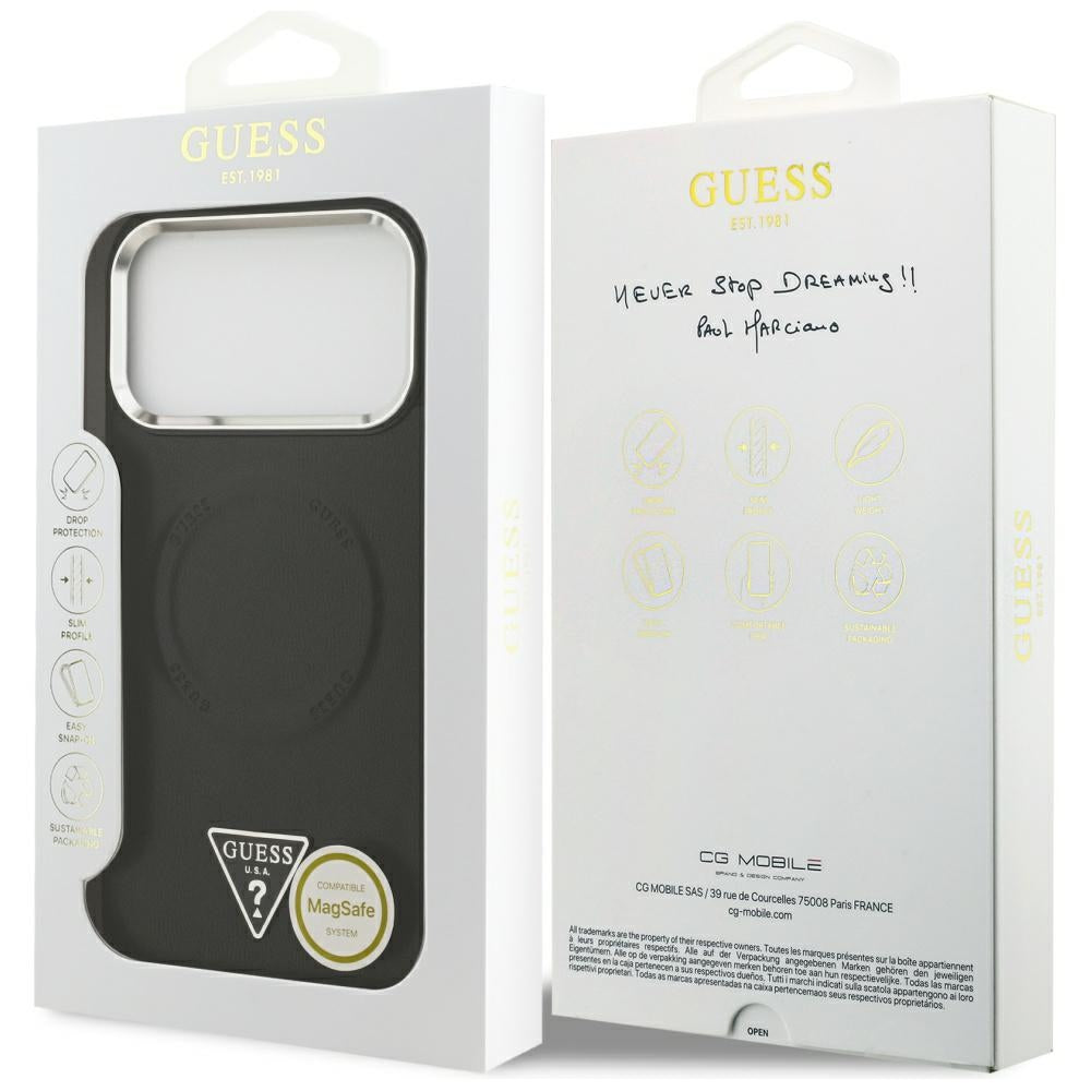 Husa MagSafe pentru Apple iPhone 17 Pro Max, Guess, Triangle Logo, Neagra Argintie
