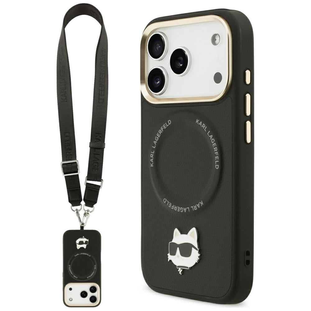 Husa MagSafe pentru Apple iPhone 17 Pro Max, Karl Lagerfeld, Big Strap Choupette Metal Logo, Neagra