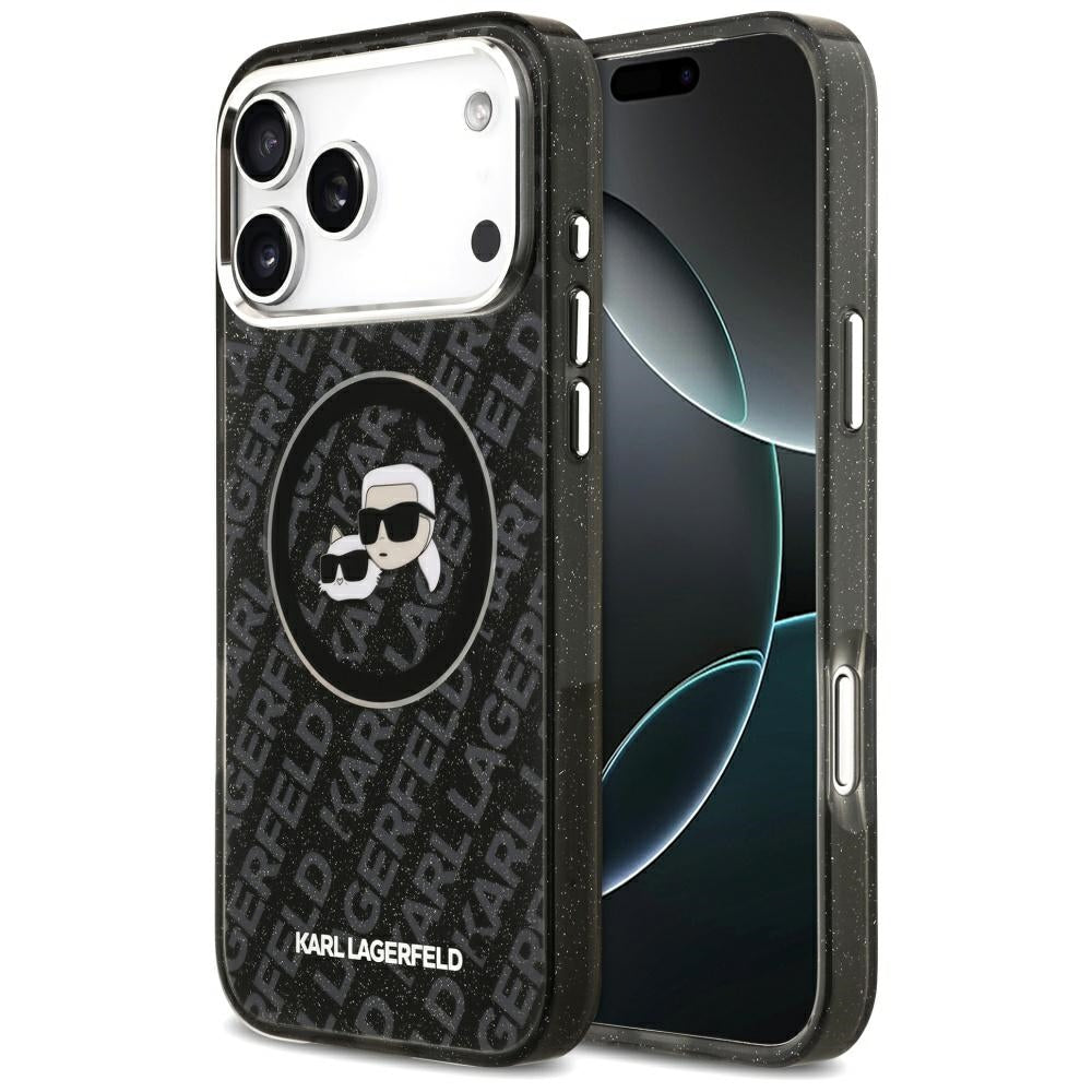 Husa MagSafe pentru Apple iPhone 17 Pro Max, Karl Lagerfeld, Glitter Karl & Choupette Head, Neagra
