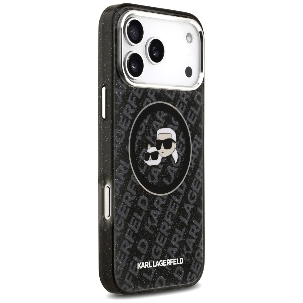 Husa MagSafe pentru Apple iPhone 17 Pro Max, Karl Lagerfeld, Glitter Karl & Choupette Head, Neagra