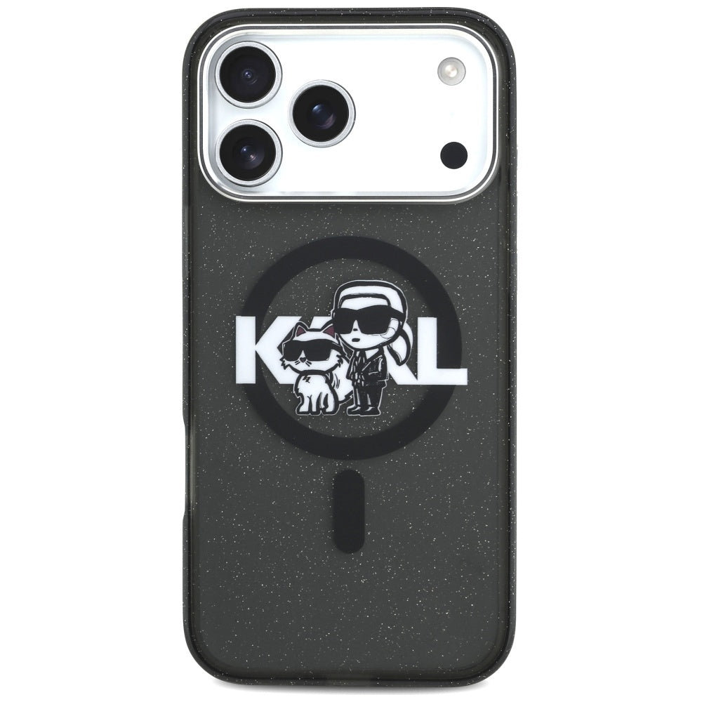 Husa MagSafe pentru Apple iPhone 17 Pro Max, Karl Lagerfeld, IML Sketch Logo Glitter Karl & Choupette , Neagra