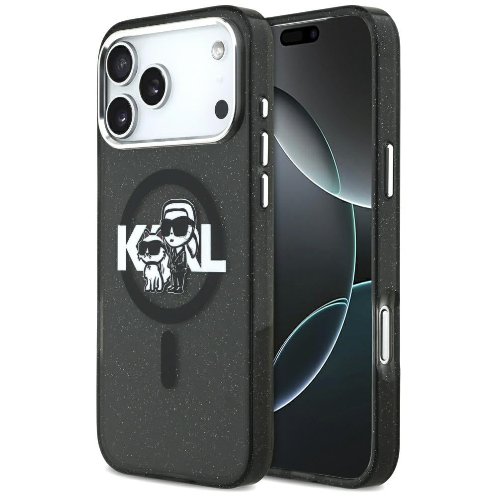 Husa MagSafe pentru Apple iPhone 17 Pro Max, Karl Lagerfeld, IML Sketch Logo Glitter Karl & Choupette , Neagra