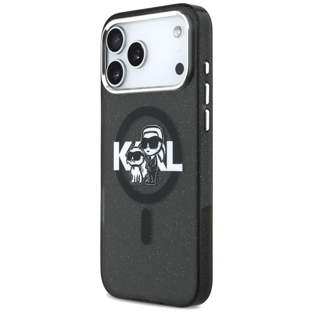 Husa MagSafe pentru Apple iPhone 17 Pro Max, Karl Lagerfeld, IML Sketch Logo Glitter Karl & Choupette , Neagra