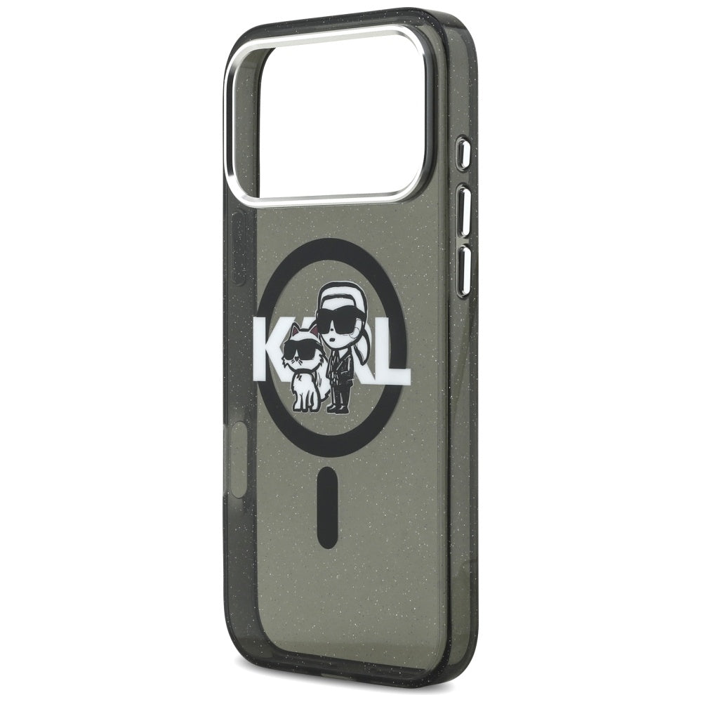 Husa MagSafe pentru Apple iPhone 17 Pro Max, Karl Lagerfeld, IML Sketch Logo Glitter Karl & Choupette , Neagra