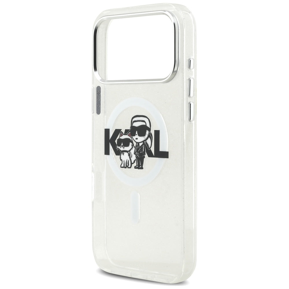 Husa MagSafe pentru Apple iPhone 17 Pro Max, Karl Lagerfeld, IML Sketch Logo Glitter Karl & Choupette, Transparenta