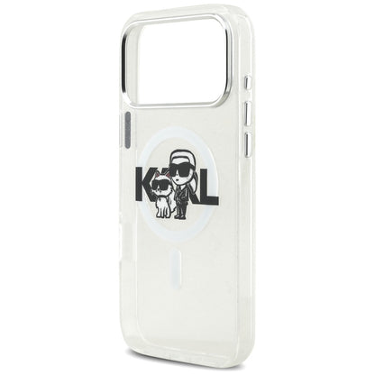 Husa MagSafe pentru Apple iPhone 17 Pro Max, Karl Lagerfeld, IML Sketch Logo Glitter Karl & Choupette, Transparenta