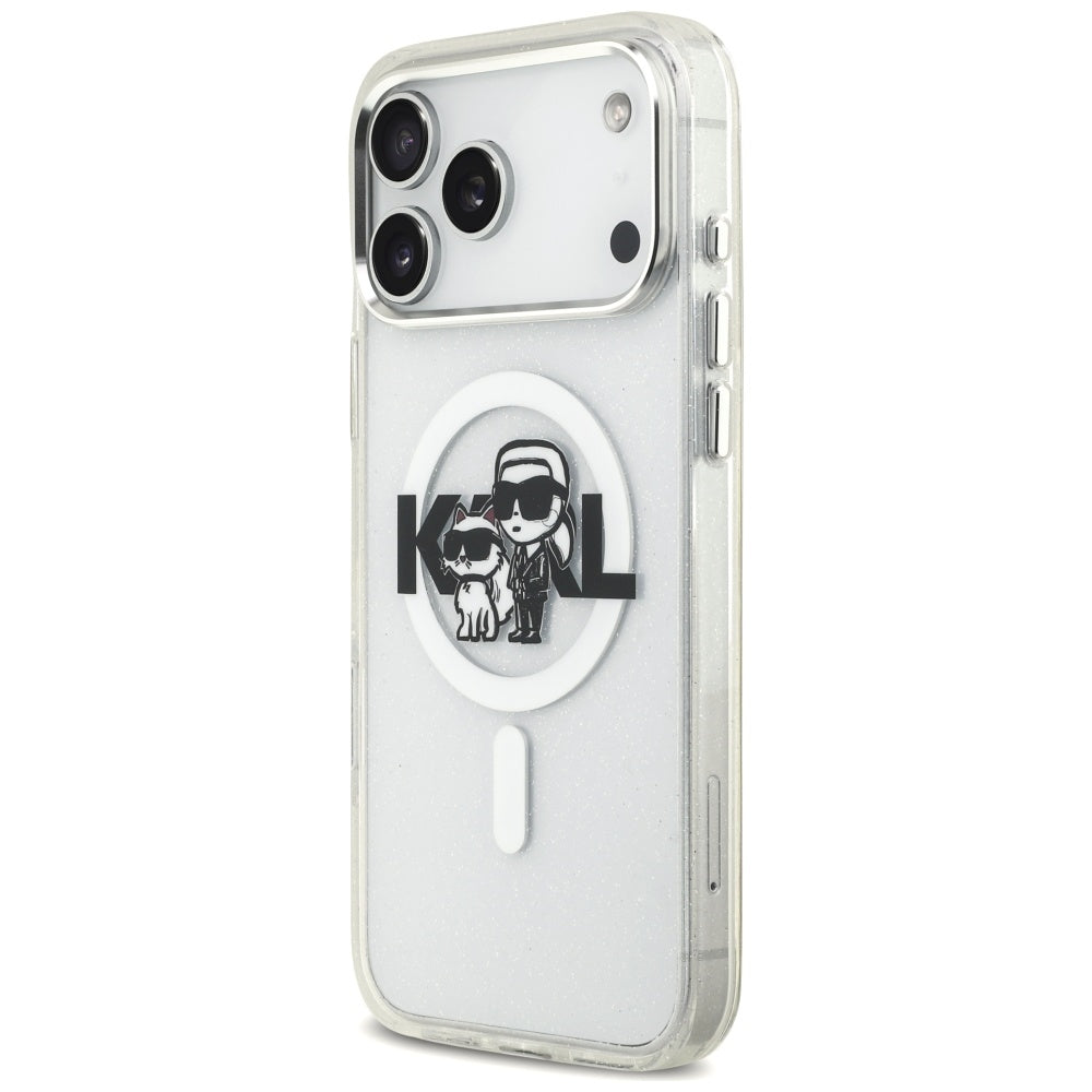 Husa MagSafe pentru Apple iPhone 17 Pro Max, Karl Lagerfeld, IML Sketch Logo Glitter Karl & Choupette, Transparenta
