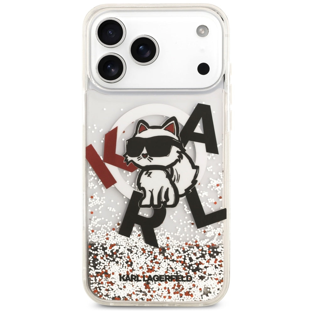 Husa MagSafe pentru Apple iPhone 17 Pro Max, Karl Lagerfeld, Liquid Glitter Logo Choupette, Transparenta
