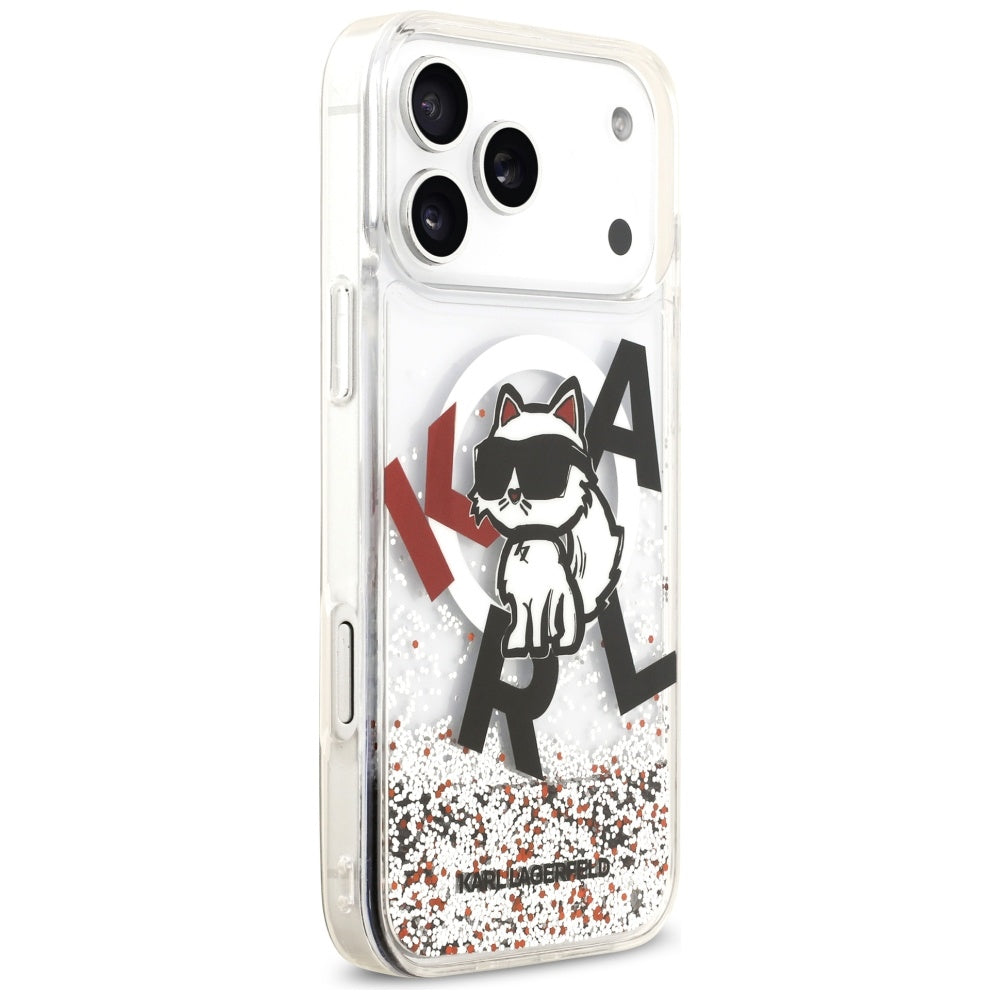 Husa MagSafe pentru Apple iPhone 17 Pro Max, Karl Lagerfeld, Liquid Glitter Logo Choupette, Transparenta