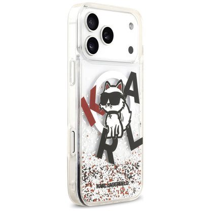 Husa MagSafe pentru Apple iPhone 17 Pro Max, Karl Lagerfeld, Liquid Glitter Logo Choupette, Transparenta