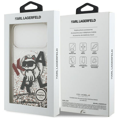 Husa MagSafe pentru Apple iPhone 17 Pro Max, Karl Lagerfeld, Liquid Glitter Logo Choupette, Transparenta