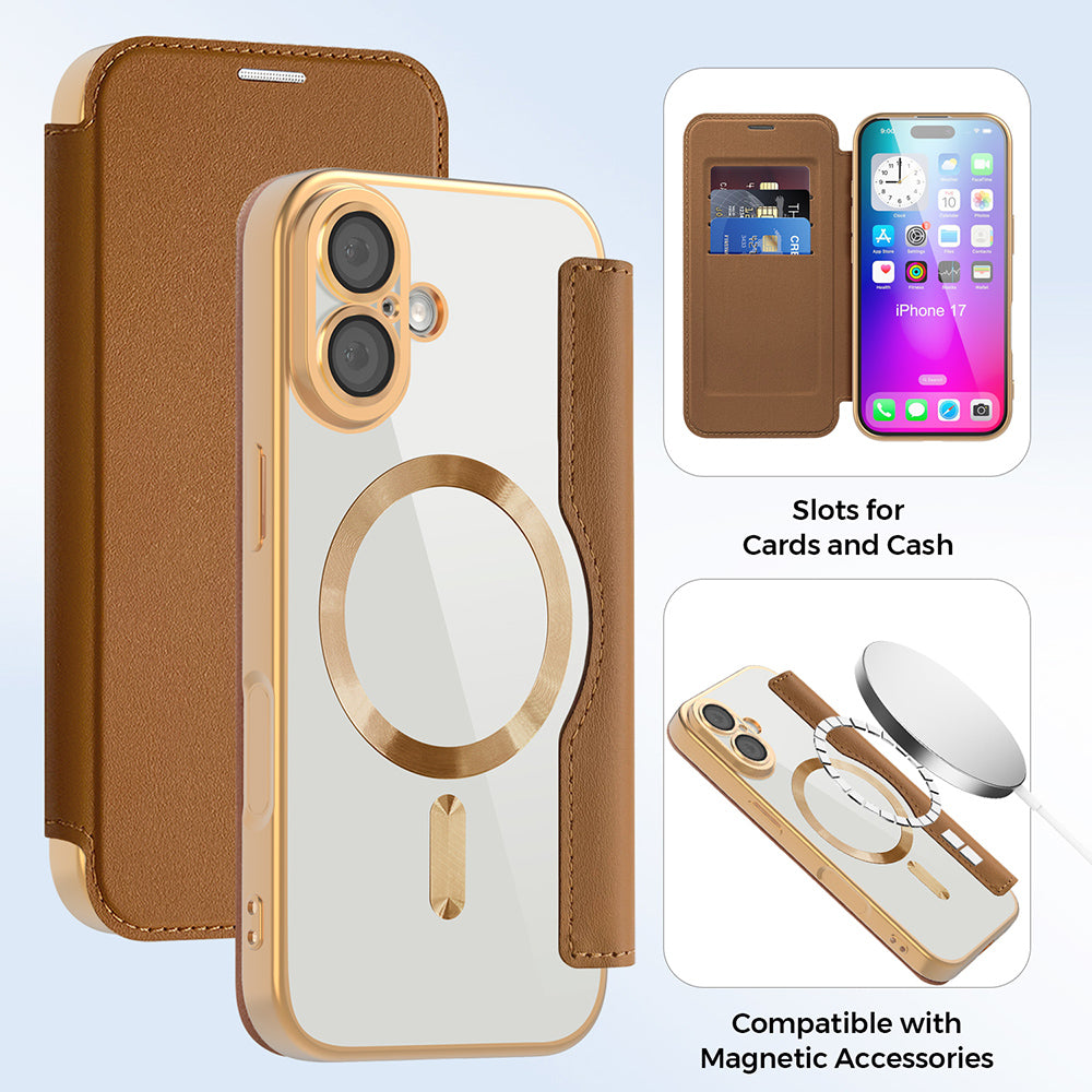 Husa MagSafe pentru Apple iPhone 17, Techsuit, SmartMag Book, Maro