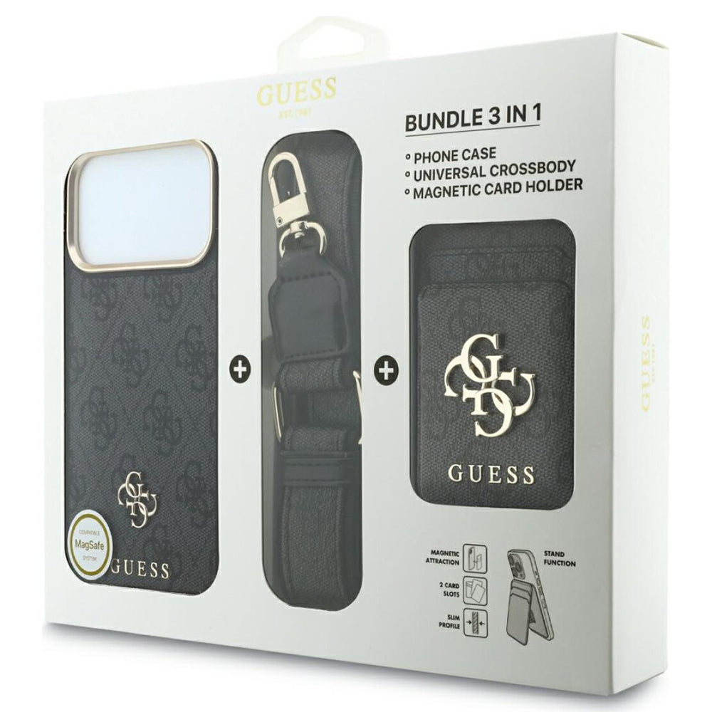 Husa MagSafe pentru Apple iPhone 18 Pro / 17 Pro, Guess, 4G Cardslot & Big Strap, Neagra