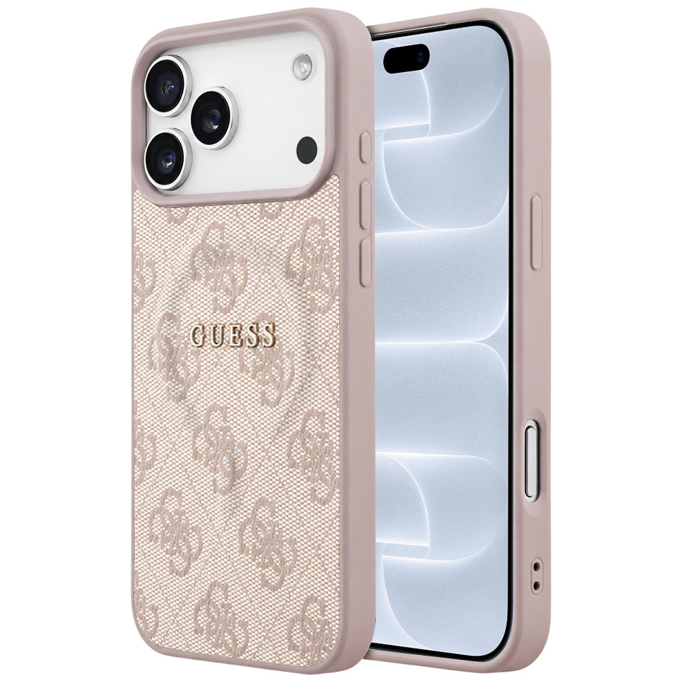 Husa MagSafe pentru Apple iPhone 18 Pro / 17 Pro, Guess, 4G Embossed Ring Classic Logo, Roz