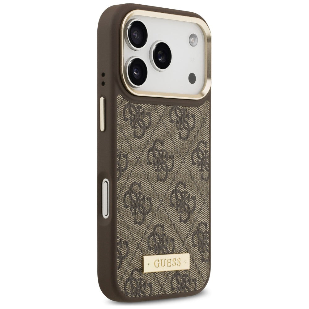 Husa MagSafe pentru Apple iPhone 18 Pro / 17 Pro, Guess, 4G Logo Plate, Maro