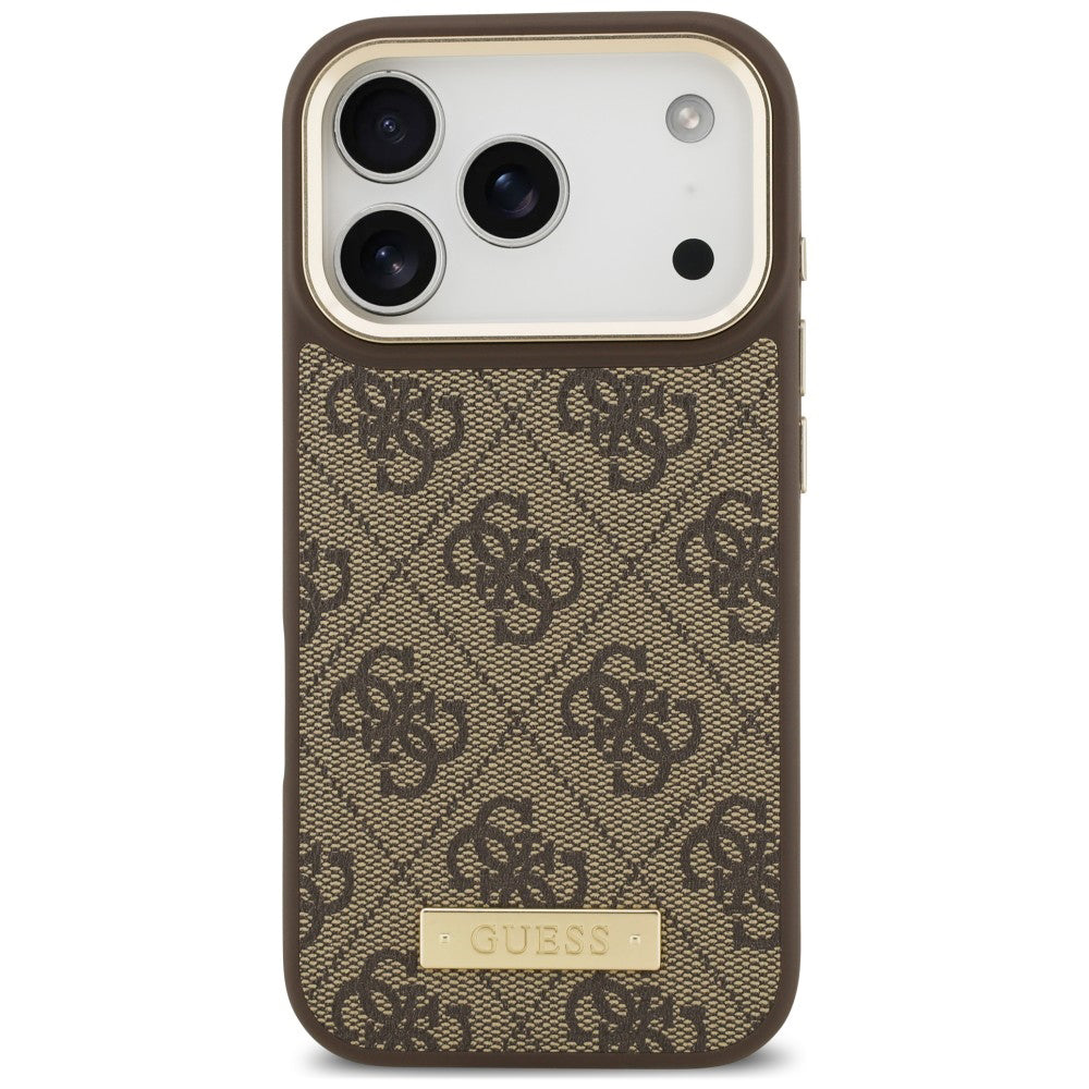 Husa MagSafe pentru Apple iPhone 18 Pro / 17 Pro, Guess, 4G Logo Plate, Maro