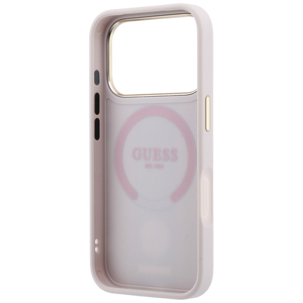 Husa MagSafe pentru Apple iPhone 18 Pro / 17 Pro, Guess, 4G Stripe Round Classic Logo, Roz