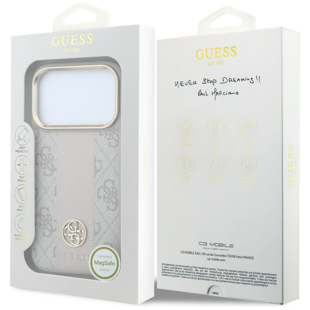Husa MagSafe pentru Apple iPhone 18 Pro / 17 Pro, Guess, 4G Stripe Round Classic Logo, Roz