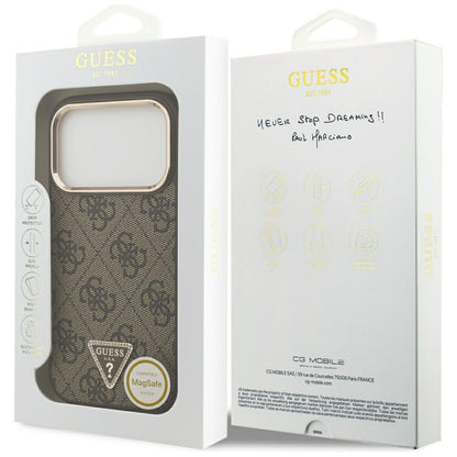 Husa MagSafe pentru Apple iPhone 18 Pro / 17 Pro, Guess, 4G Triangle Logo, Maro