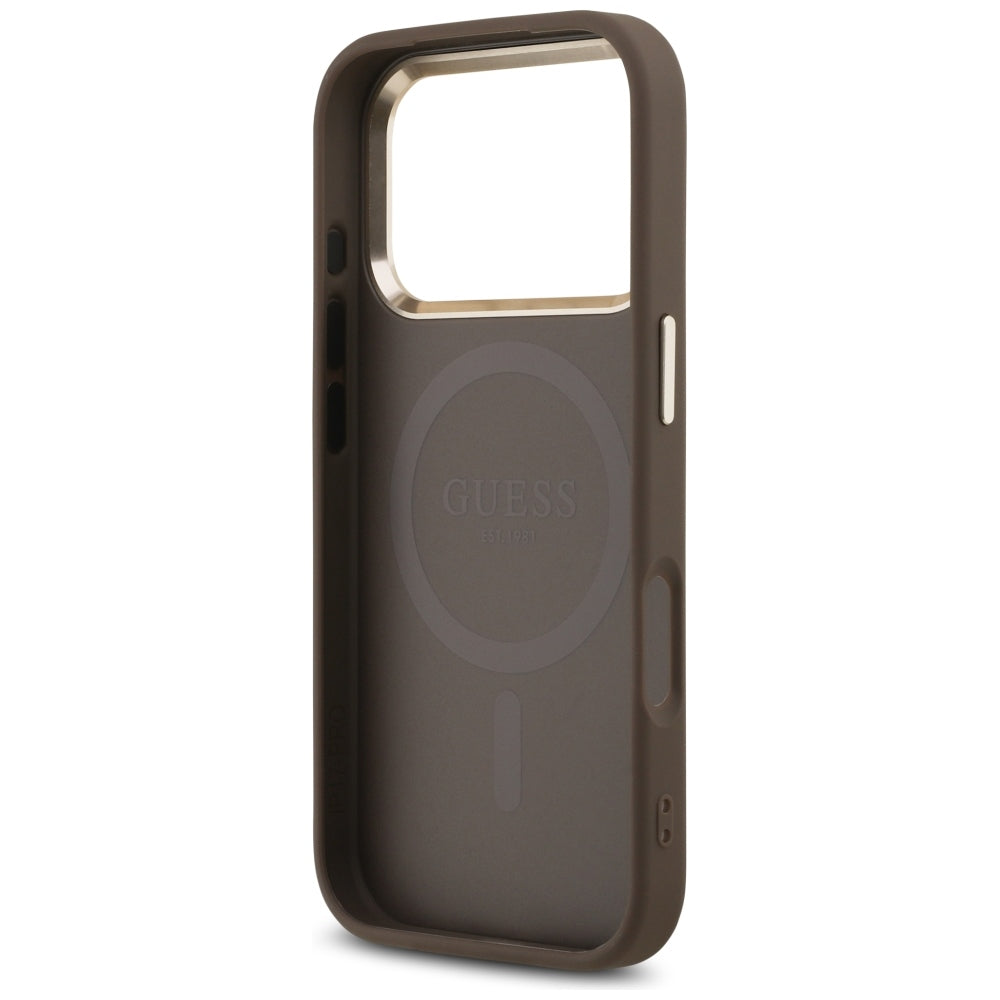 Husa MagSafe pentru Apple iPhone 18 Pro / 17 Pro, Guess, 4G Triangle Logo, Maro