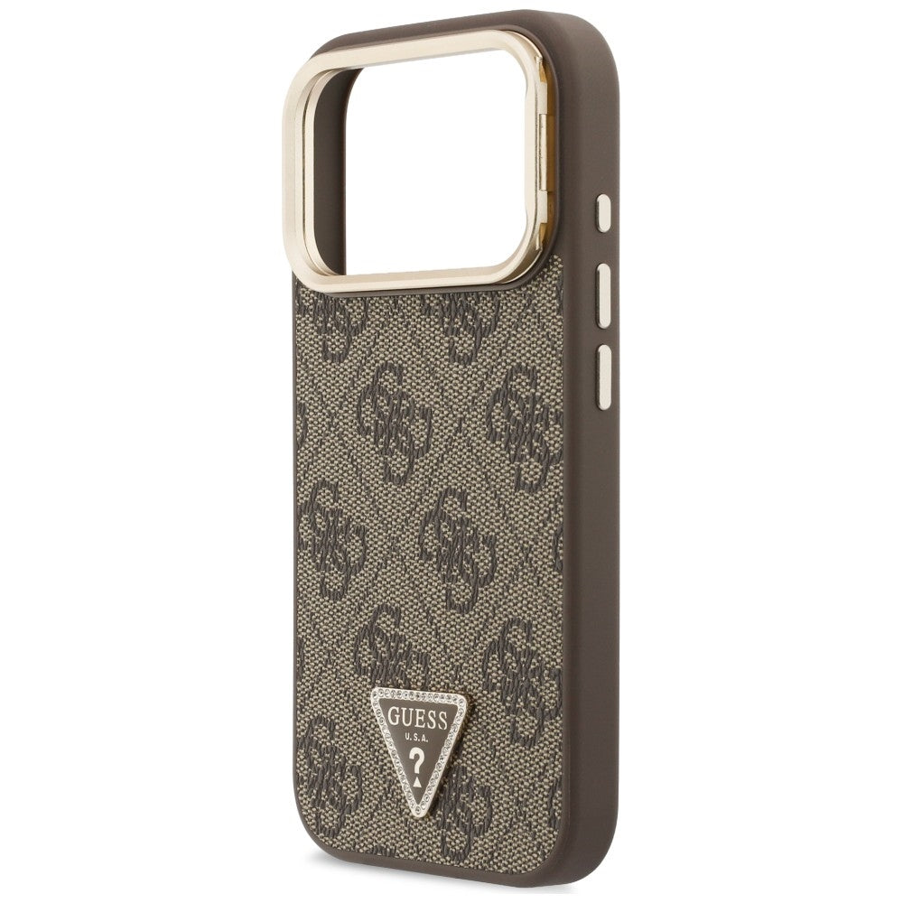 Husa MagSafe pentru Apple iPhone 18 Pro / 17 Pro, Guess, 4G Triangle Logo & Stand Camera, Maro