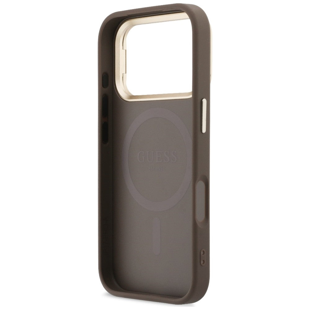 Husa MagSafe pentru Apple iPhone 18 Pro / 17 Pro, Guess, 4G Triangle Logo & Stand Camera, Maro
