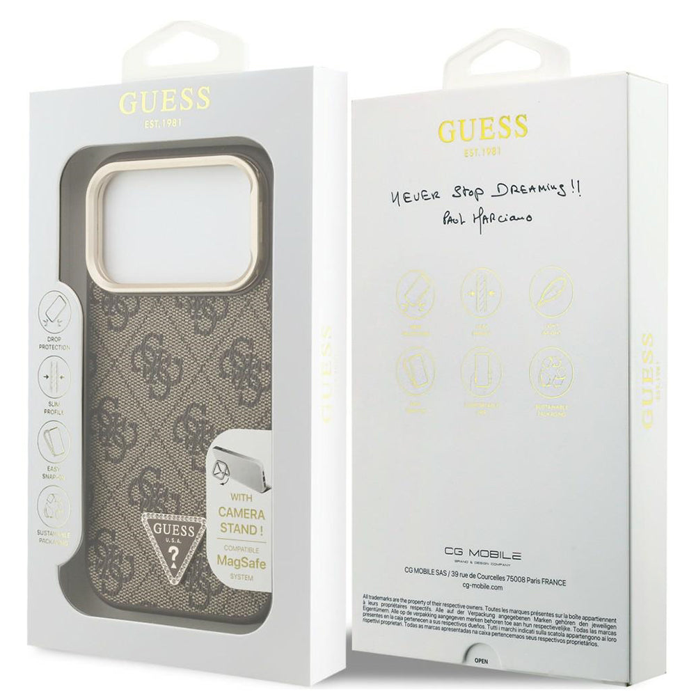 Husa MagSafe pentru Apple iPhone 18 Pro / 17 Pro, Guess, 4G Triangle Logo & Stand Camera, Maro