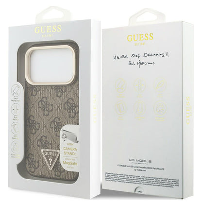 Husa MagSafe pentru Apple iPhone 18 Pro / 17 Pro, Guess, 4G Triangle Logo & Stand Camera, Maro