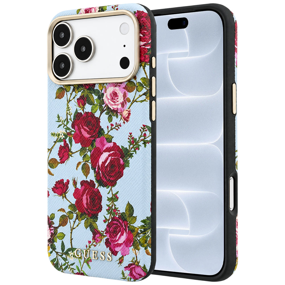 Husa MagSafe pentru Apple iPhone 18 Pro / 17 Pro, Guess, Blossom Roses Print, Bleu