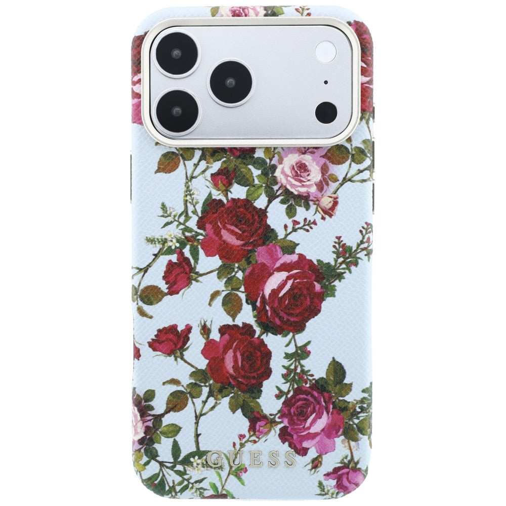 Husa MagSafe pentru Apple iPhone 18 Pro / 17 Pro, Guess, Blossom Roses Print, Bleu