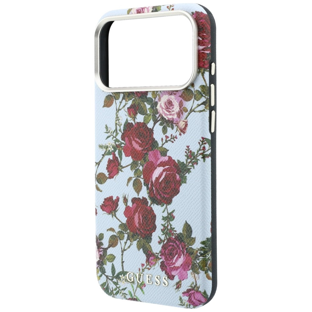 Husa MagSafe pentru Apple iPhone 18 Pro / 17 Pro, Guess, Blossom Roses Print, Bleu