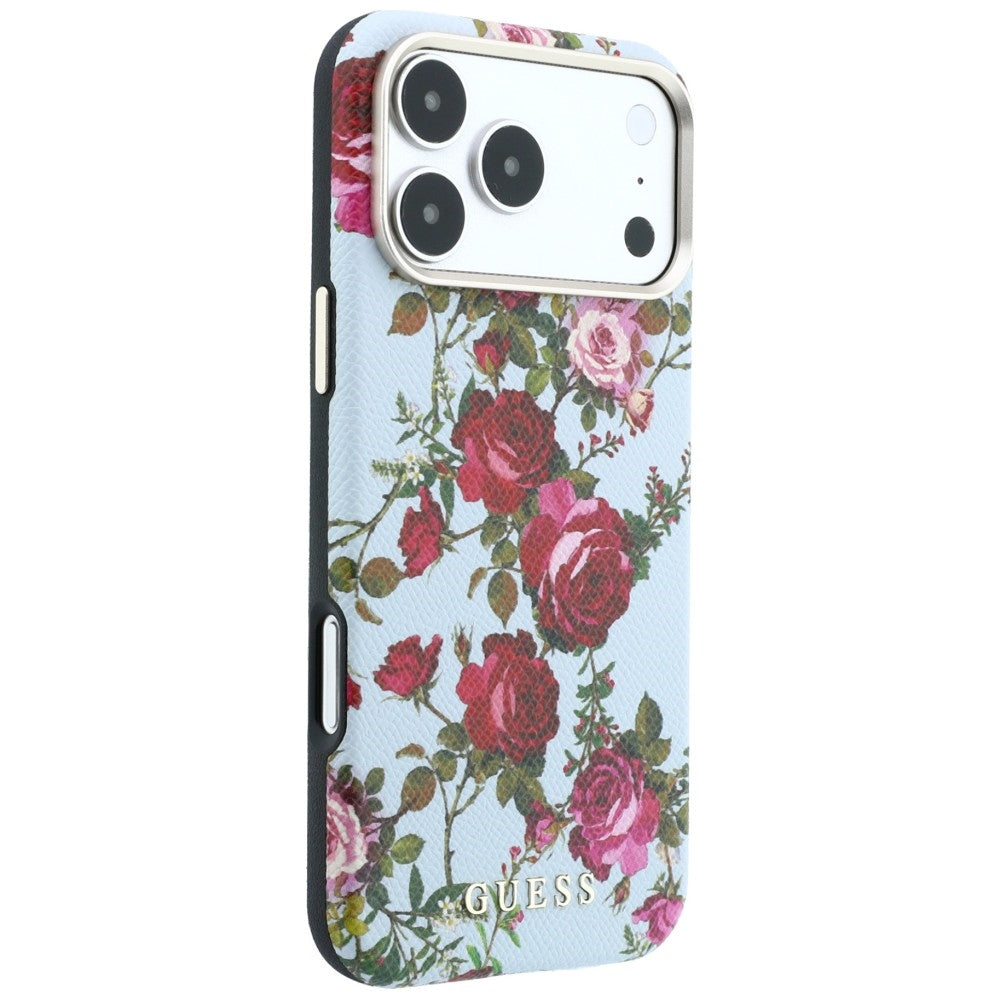 Husa MagSafe pentru Apple iPhone 18 Pro / 17 Pro, Guess, Blossom Roses Print, Bleu