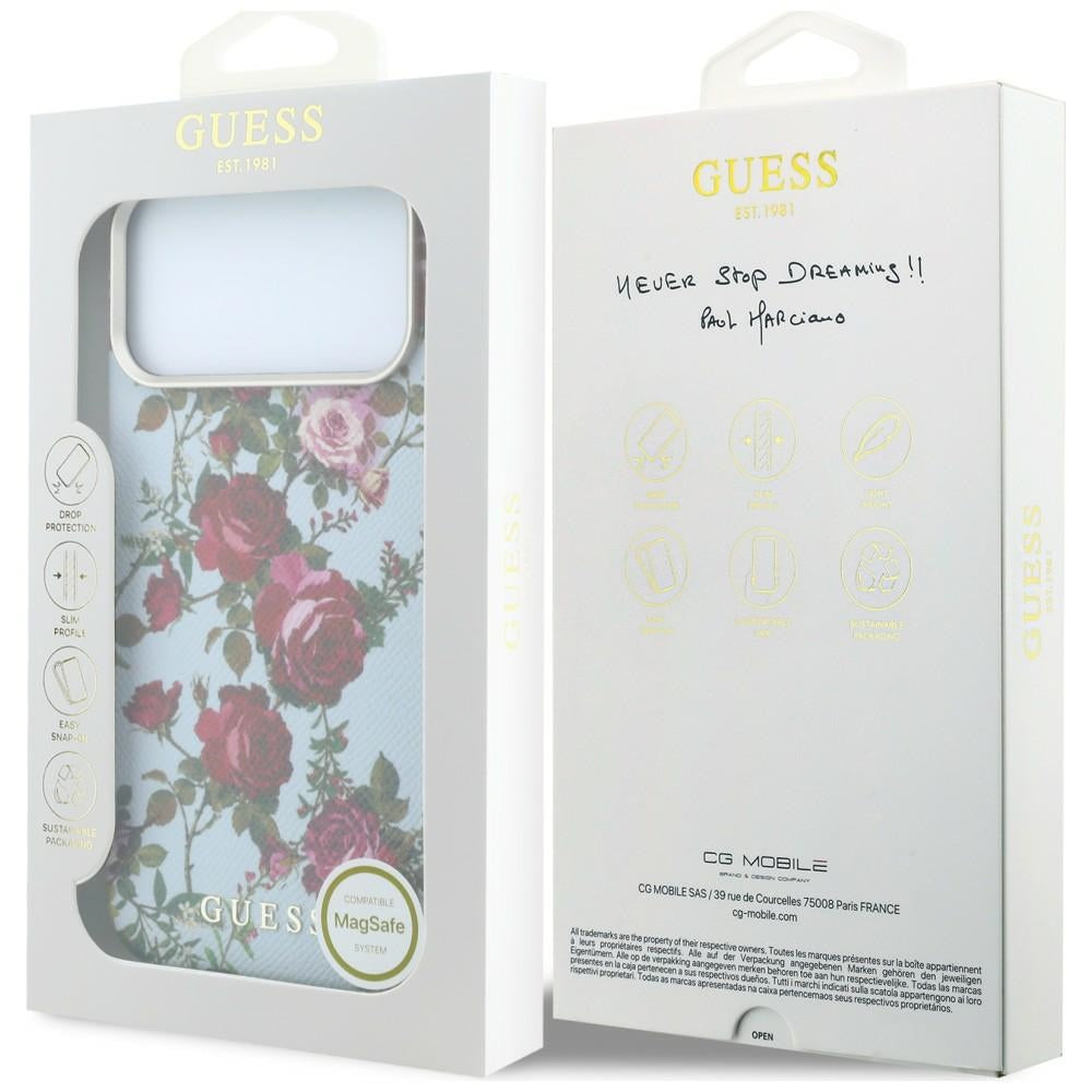 Husa MagSafe pentru Apple iPhone 18 Pro / 17 Pro, Guess, Blossom Roses Print, Bleu