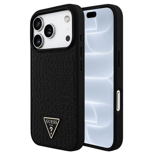 Husa MagSafe pentru Apple iPhone 18 Pro / 17 Pro, Guess, Croco Triangle Logo, Neagra